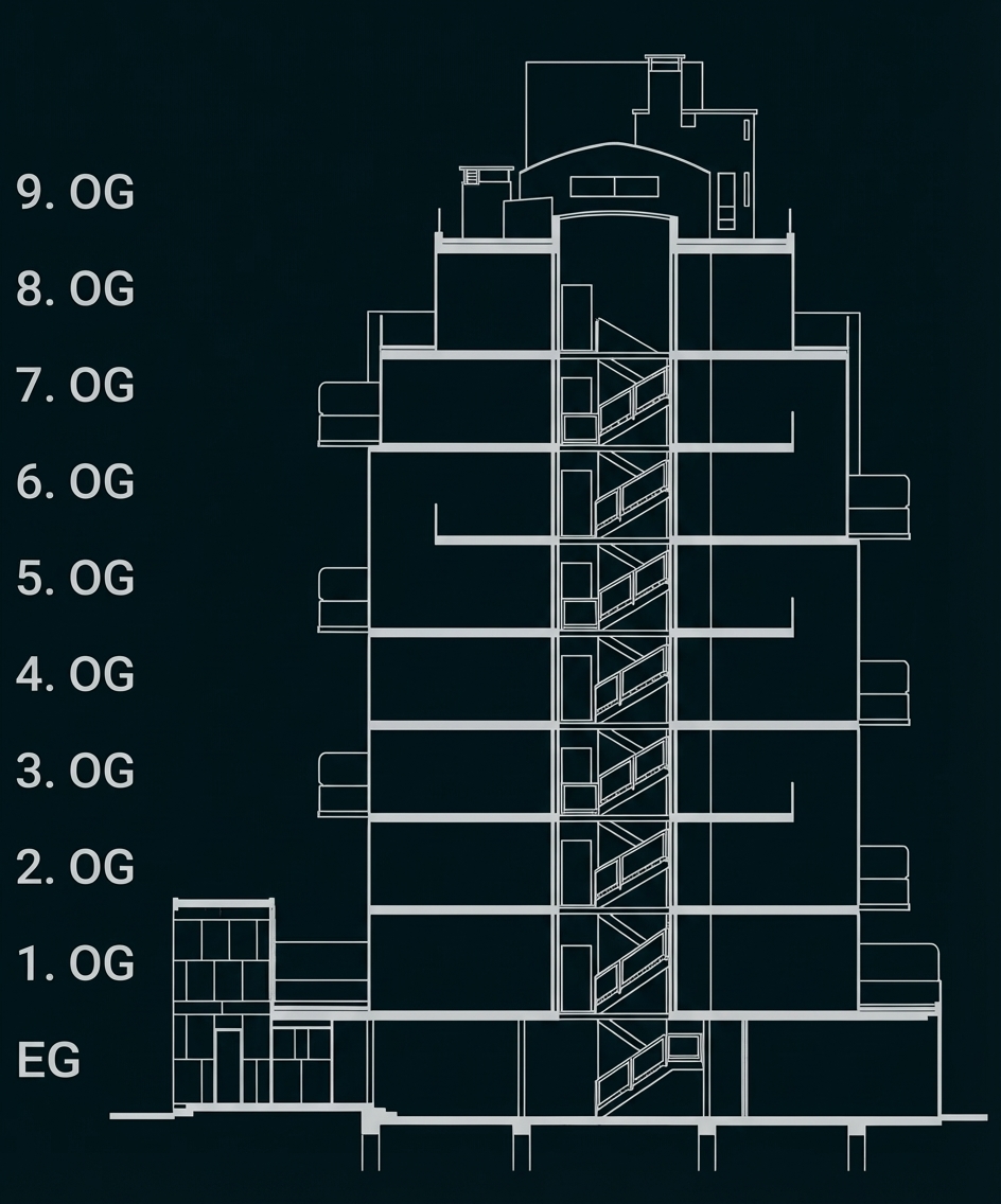 Schnittzeichnung eines mehrstöckigen Gebäudes mit zentraler Treppe und Etagenbeschriftung (EG–9.OG), Corbusier